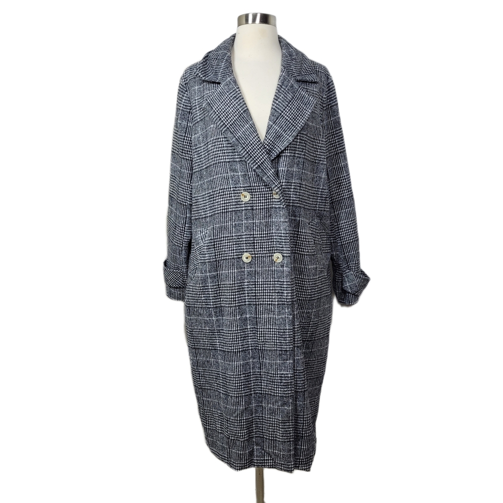 Andree By Unit Gray Black White Checkered Plaid Trench Coat Size Medium
